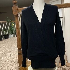 J. Crew Black V-Neck Faux Wrap Women's Cashmere Wool Sweater
